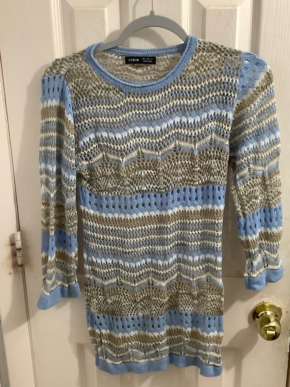 SHEIN Blue & Olive Open-Knit Crochet Sweater Coverup Size Small